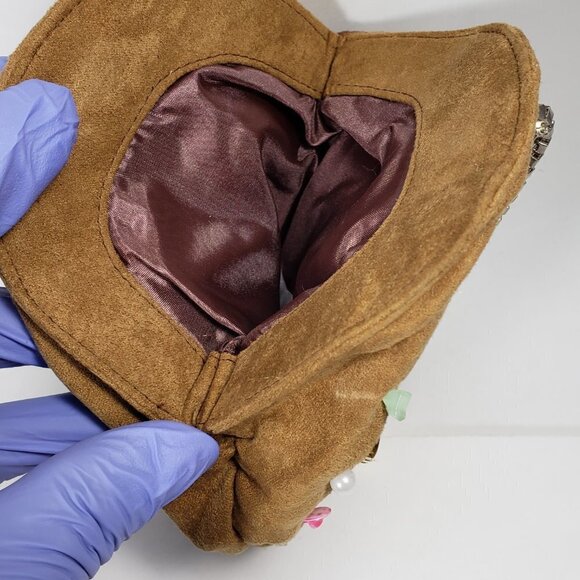 Brown Coin Purse with Pink Satin Flower, Gems & Gold Leaf – Statement Mini Bag - Picture 6 of 12